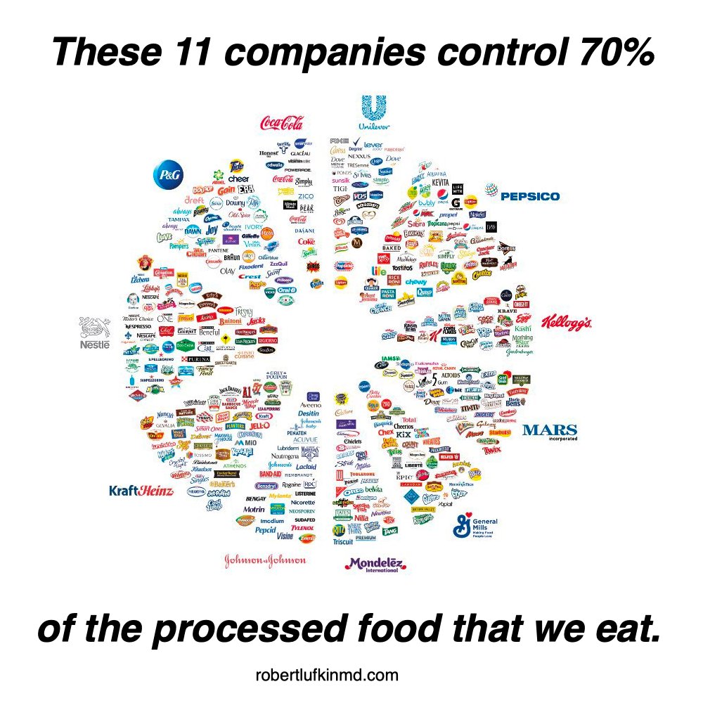 These 11 companies control 70% of the processed food that we eat. When we choose to consume their products we are letting them determine our health and longevity. Do we trust them to decide our health over their profits?