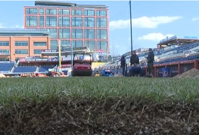 What is 2 inches thick, gap free and green all over? Check out the field renovation <a href="/DurhamBulls/">Durham Bulls</a> Athletic Park.