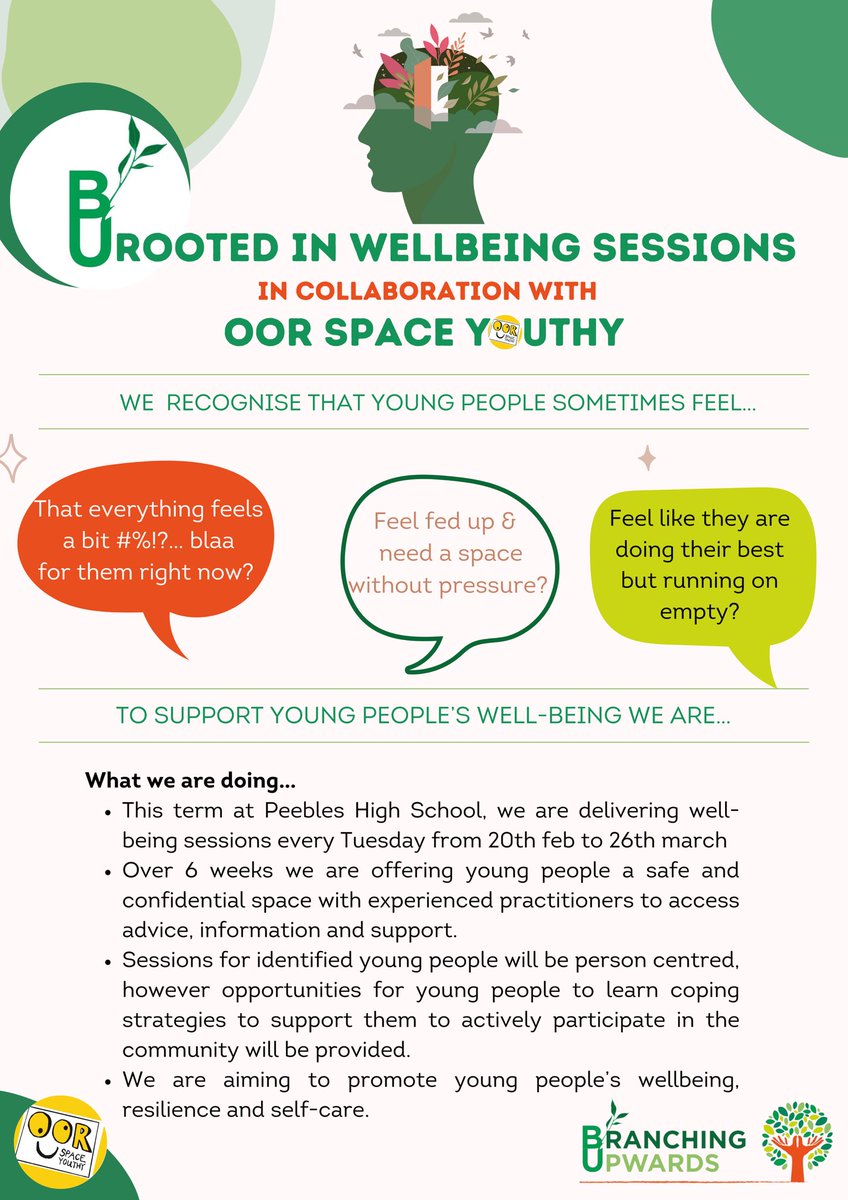 Alongside Branching Upwards C.I.C, we have been busy planning and delivering our ‘Rooted in Well-being’ sessions at Peebles High School to support children and young people’s mental health and well-being. 

#EducationNeedsYouthWork
