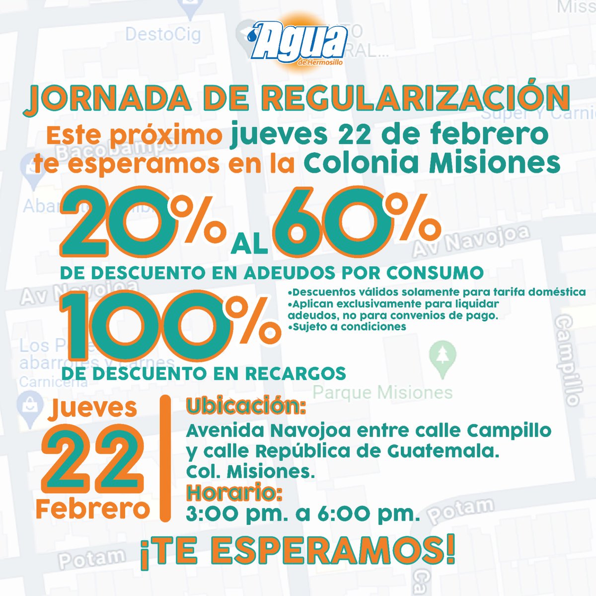 aguahermosillo's tweet photo. ¡Tenemos una cita el día de mañana, Jueves 22 de Febrero!
Recuerda que estaremos ubicados en Ave. Navojoa entre Campillo y República de Guatemala col. Misiones, a partir de las 3:00pm.
¡Te esperamos!
#HermosilloCRECEContigo https://t.co/JfZQIYvu7z