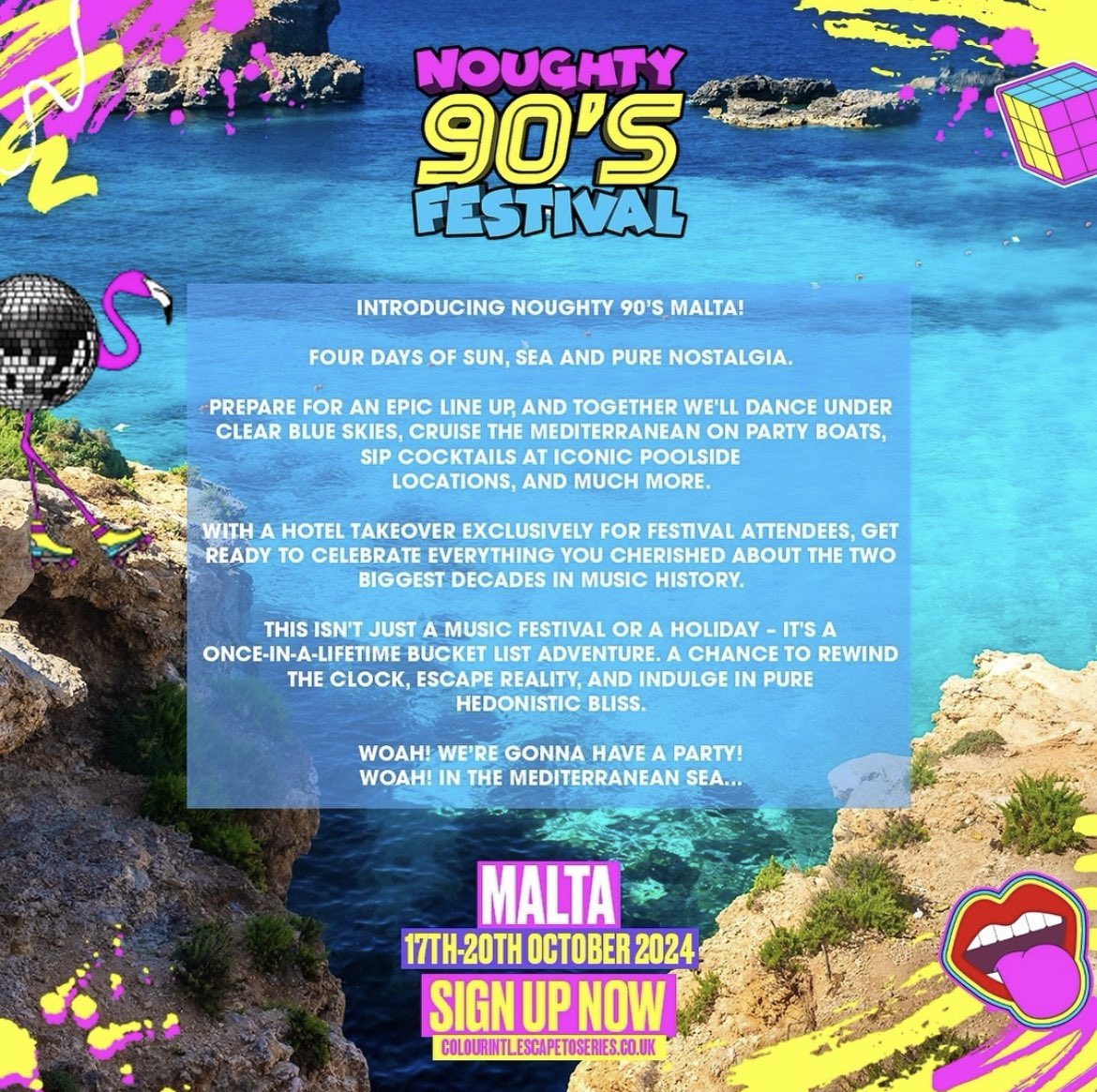 NOUGHTY 90s MALTA 🇲🇹 17TH - 20TH OCTOBER 2024 ☀️ See you there ✈️ Sign up for more info + earlybird prices >> Link in Bio 🔗 Noughty90s.escapetoseries.co.uk