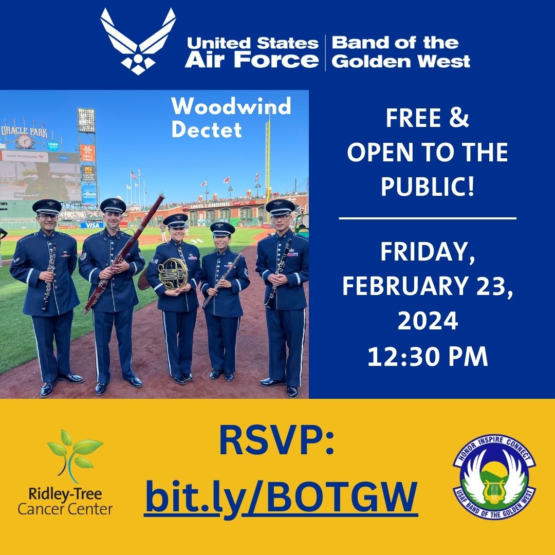 We are hosting a #woodwind concert by the #USAirForceBand of the Golden West on Feb. 23 at our Wolf Education & Training Center. 🇺🇸 bit.ly/BOTGW #RidleyTreeCC #SansumClinic #SutterHealth #USAF #wildblueyonder #military #TravisAFB #veterans #classicalmusic #SantaBarbara