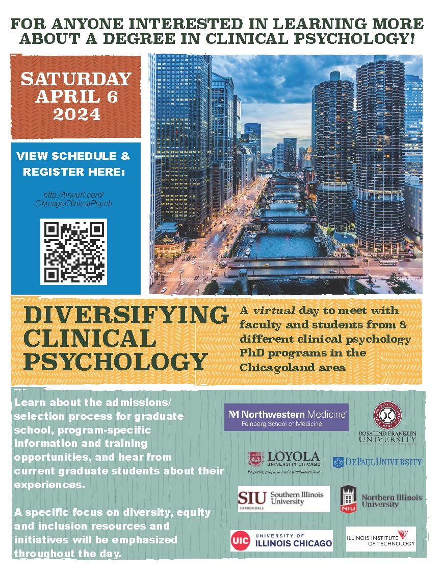 🚨 Don't miss this free, virtual event on April 6th to learn more about clinical psychology & how to apply to PhD programs! 🧠 This event aims to support students from historically underrepresented & minoritized groups 🌟 For more info & to RSVP ⬇️ tinyurl.com/ChicagoClinica…