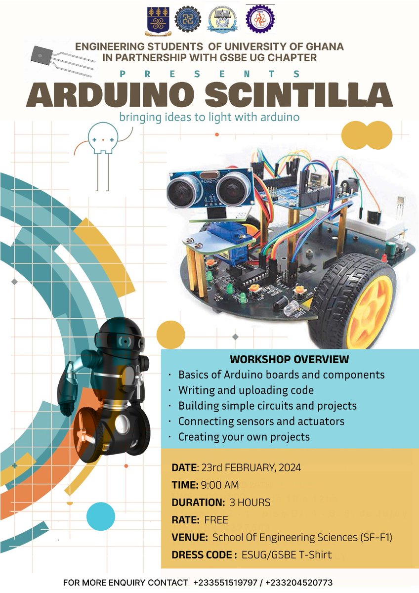 Calling Arduino fans!👨‍💻

ESUG &amp; GSBE-UG are hosting an Arduino Workshop!! 😱🥳

Bring your ideas to life with Arduino! Learn programming basics &amp; build projects.

Date: Friday 23rd February 2024
Time: 9:00a.m.
Venue: School of Engineering Sciences(SF-F1)

See you there!😌