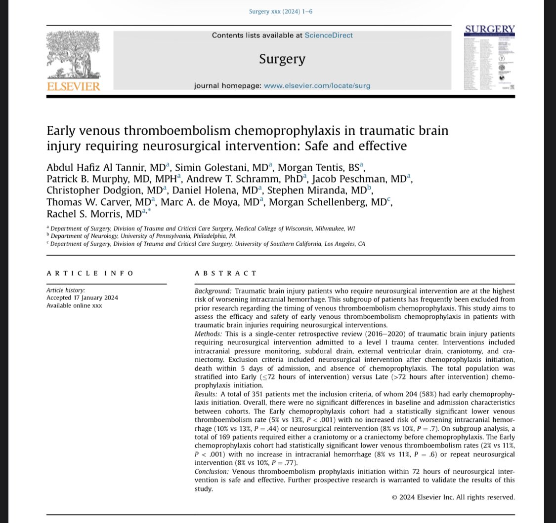 ‼️ Initiation of VTEp within 72hrs of neurosurgical intervention in TBI is safe and effective. @rachelsmorris1 @pbatesmurphy @mademoya @ChrisDodgion @MCWtraumaacs @MCWSurgResearch @MCWSurgery @SurgJournal sciencedirect.com/science/articl…