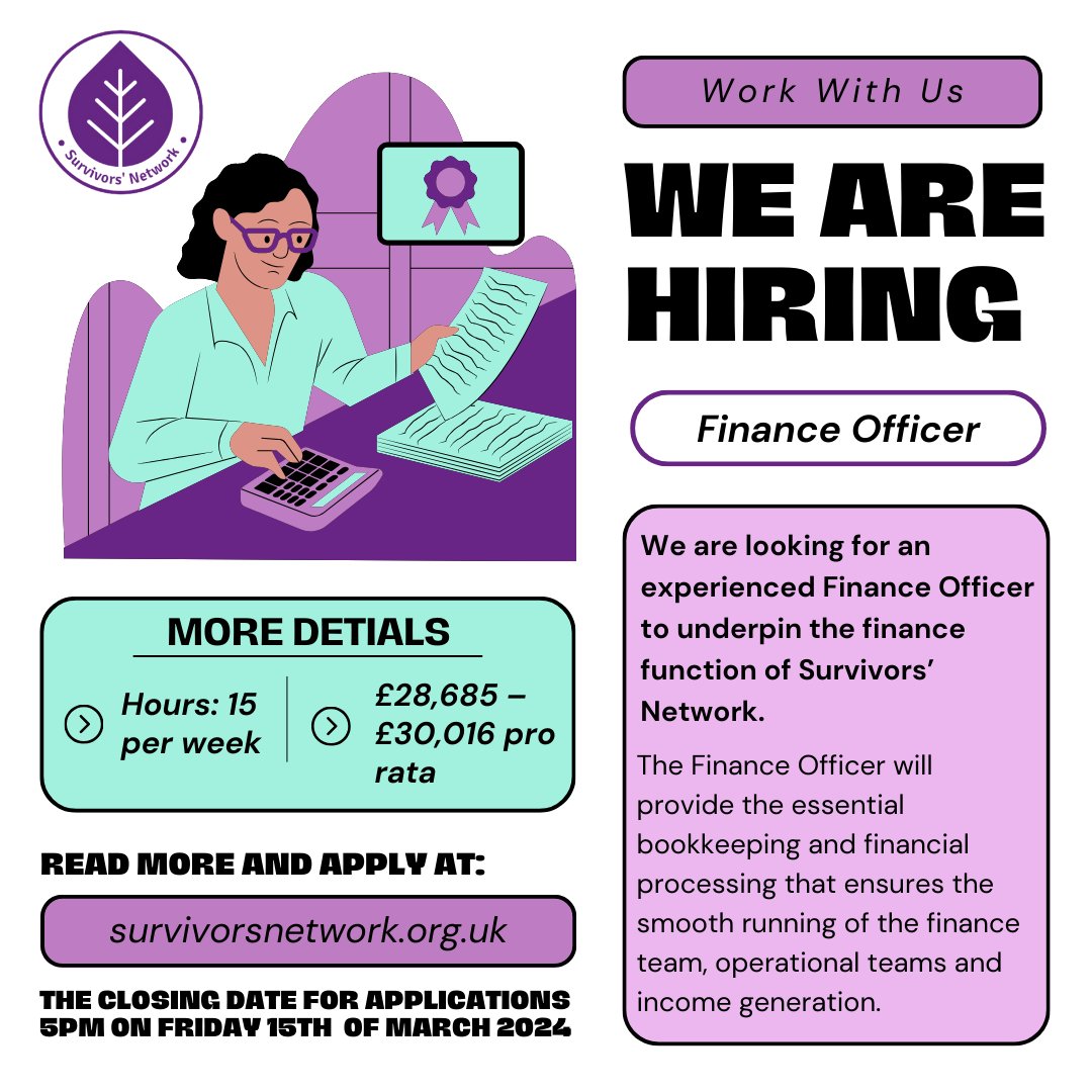 We have extended the deadline for our Finance Officer role until the 15th of March, click here to find out more and apply! 💻💜 survivorsnetwork.org.uk/.../work.../fi…