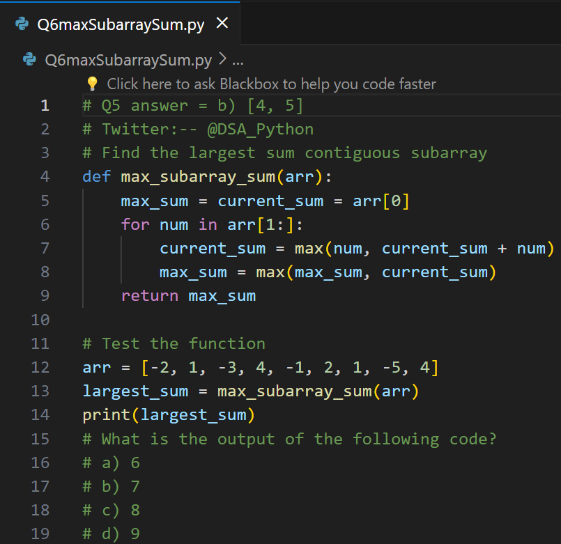 DSA_Python's tweet image. 🚀 Day 6 of #100DaysOfDSAChallenge! Today's topic: Arrays and Strings. Let's dive into another interesting problem: 📝 Question: #LargestContiguousSubarraySum
#DSA #Arrays #Python #CodingChallenge #Programming #Algorithm #DataStructures #TechTrends #LearnToCode
