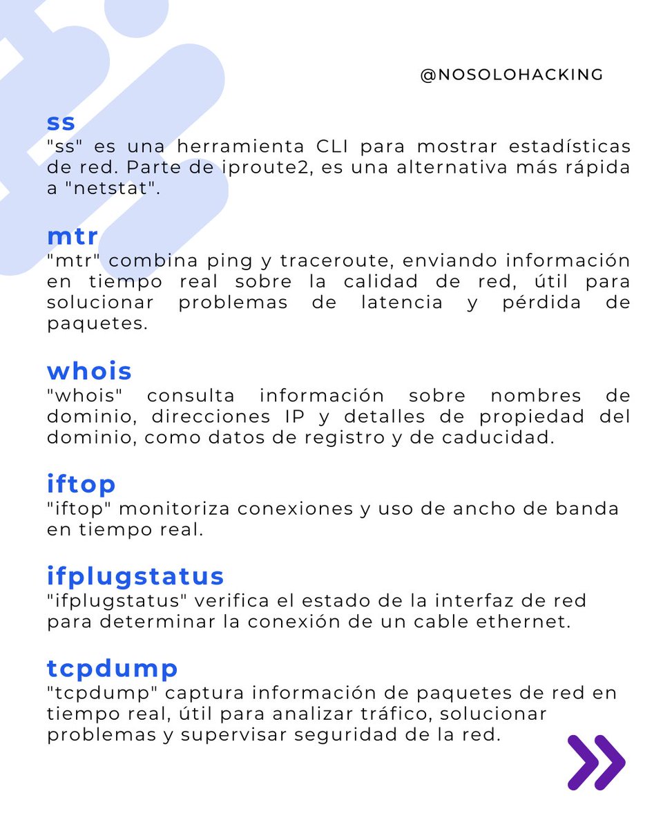 nosolohacking's tweet photo. 20 Comandos Linux de redes que deberías saber usar.
#nosolohacking #linux #comandos #sisadmin #devops https://t.co/fY9cYl7pQ4