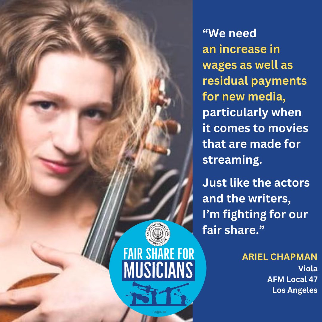 “We need an increase in wages as well as residual payments for new media, particularly when it comes to movies that are made for streaming. Just like the actors and the writers, I’m fighting for our fair share.” #FS4M Ariel Chapman, Viola @The_AFM @AFMLocal47