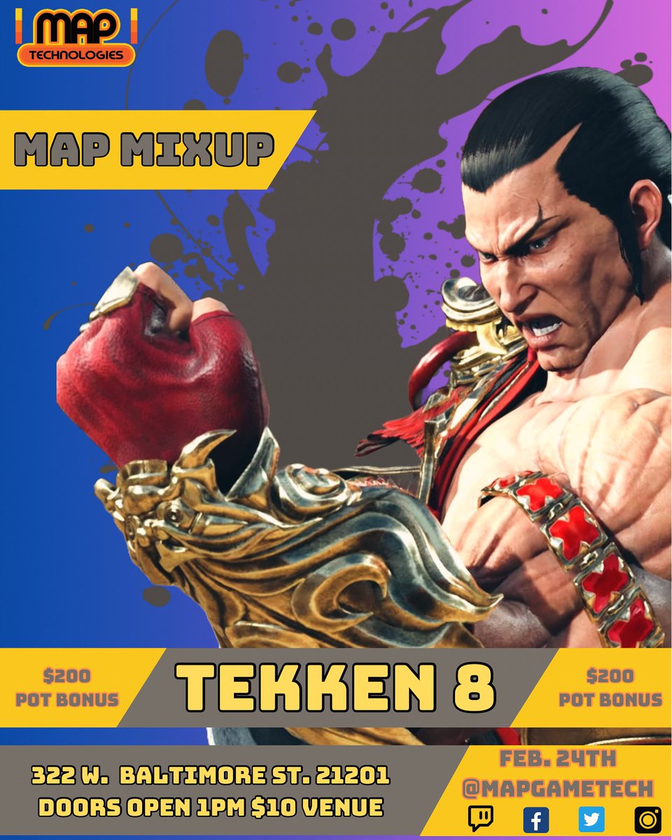 MAPGameTech's tweet photo. This Saturday showcase your skills in Street Fighter 6 , MK1, Tekken 8 and more ! We’re thrilled to announce a $200 pot bonus in Tekken to up the ante! Doors open at 1:30pm #Tekken8 #FightingGameTournament #streetfighter #mk1 #gaming #winner #baltimore #mapgametech #gamer https://t.co/9hCA6s6A9i