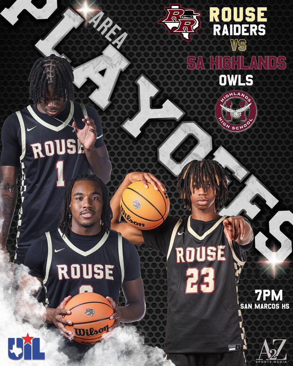 Up next...Area Round for @RouseBasketball 🆚San Antonio Highlands 📍San Marcos HS ⌚️7pm @CoachKrause @CoachSainz @CoachAlvarez62 #txhshoops #Playoffs