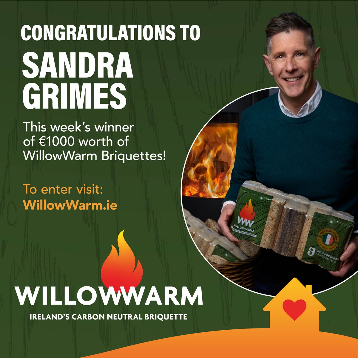 The first winner of €1,000 worth of #WillowWarm #Briquettes is Sandra Grimes.

And don't forget our main competition to win a home consultation with Dermot Bannon. buff.ly/42N5cw6 

#CarbonNeutral #EnvironmentallyFriendly #Sustainability #GuaranteedIrish #EPAregistered
