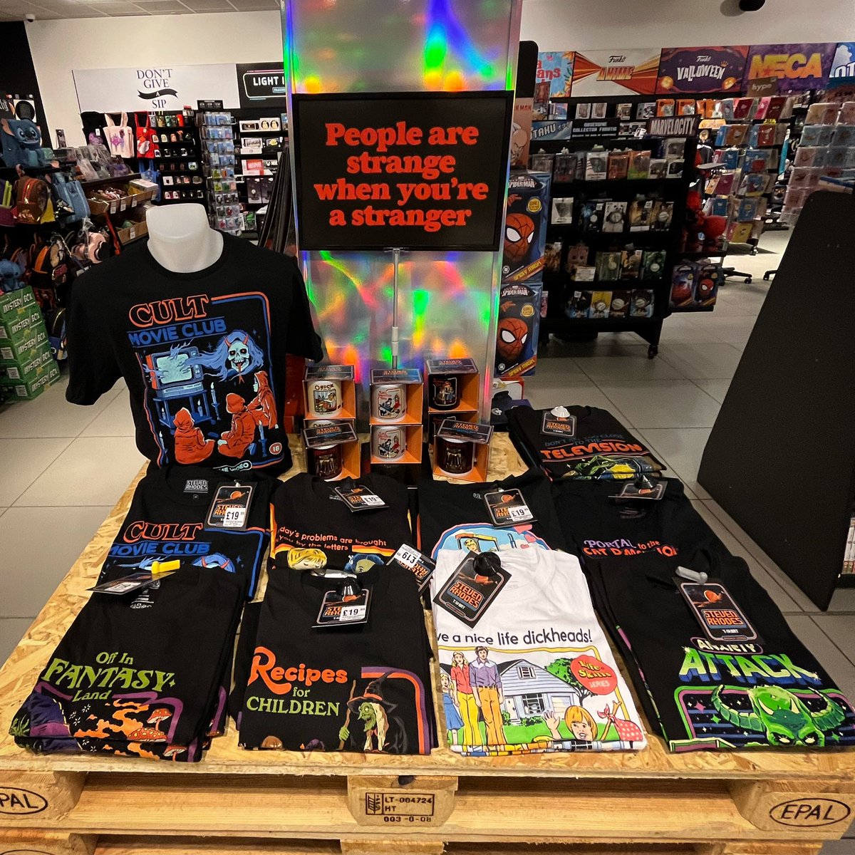 Those entertaining and ever popular #StevenRhodes T-shirt designs have taken up position right here.
Our current fav is the cult movie club design, the colours really pop.
.
#TShirts #Film #hmvLovesPopCulture 
#Merch