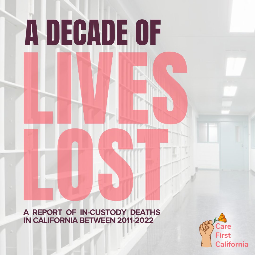 CALIFORNIA HAS AN IN-CUSTODY DEATH’S CRISIS

A Decade of Lives lost: A Report of In-Custody Deaths in California Between 2011-2022, looks at the increasingly deadly reality of being arrested.

Read the full report carefirstca.org/DecadeOfLivesL… #DecadeOfLivesLost #CareFirstJailsLast