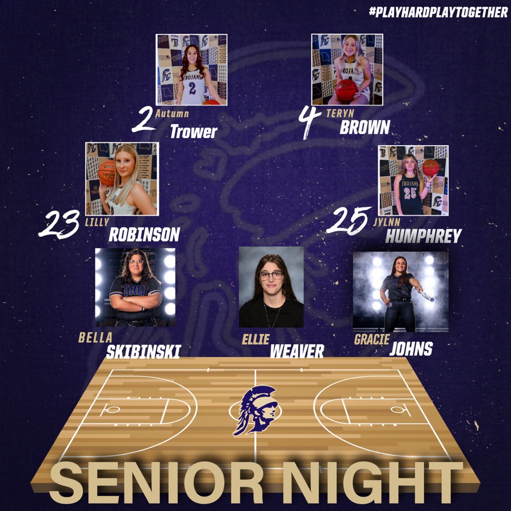 Senior Night tomorrow @ 5:30 vs. SCW. Looking forward to celebrating these outstanding young ladies and their contributions to Trojan Basketball. #PlayHardPlayTogether