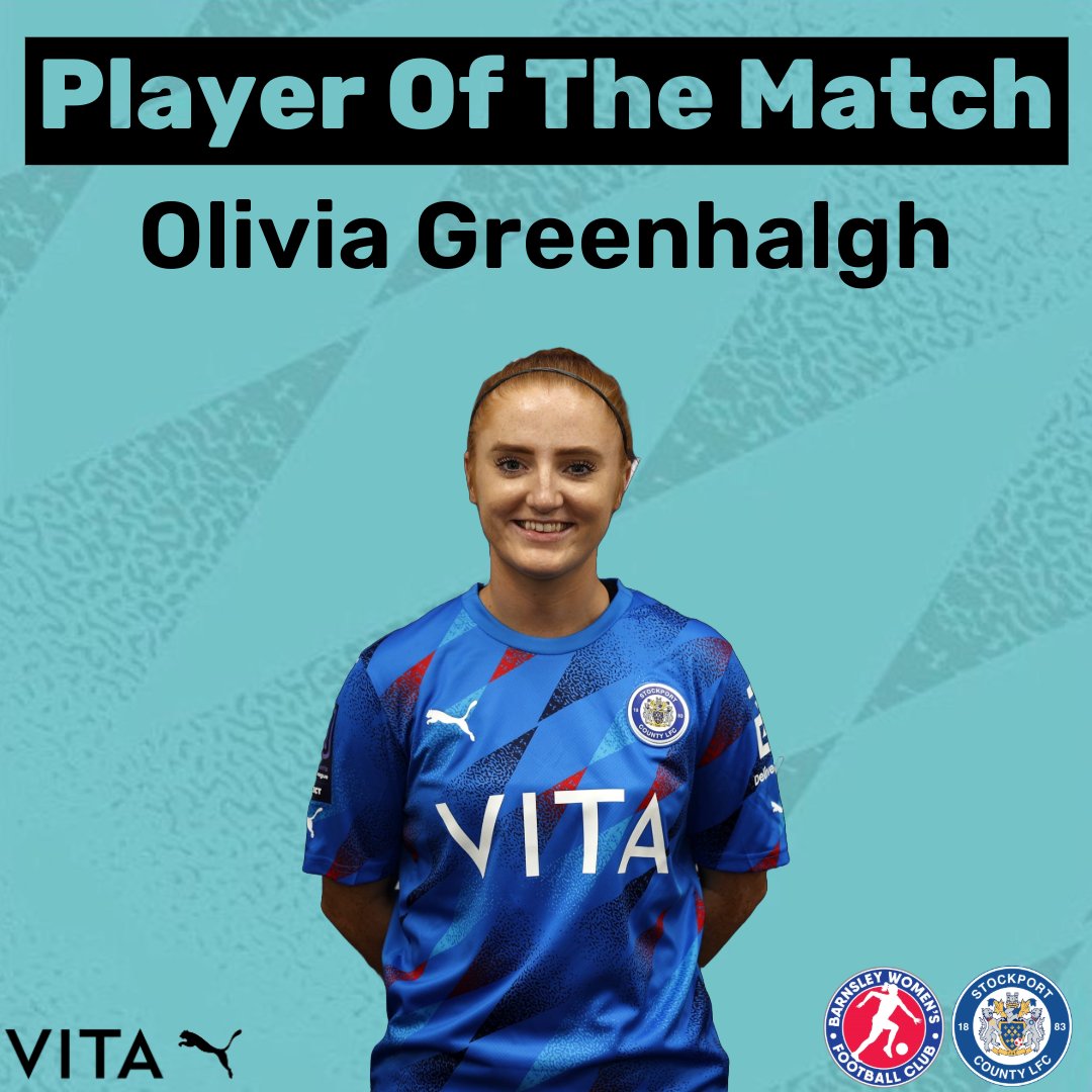 Stockport County Ladies FC (@scladiesfc) on Twitter photo 𝗣𝗹𝗮𝘆𝗲𝗿 𝗢𝗳 𝗧𝗵𝗲 𝗠𝗮𝘁𝗰𝗵 ⭐️
Yesterday's Player Of The Match against Barnsley as voted for by her teammates was...
𝗢𝗹𝗶𝘃𝗶𝗮 𝗚𝗿𝗲𝗲𝗻𝗵𝗮𝗹𝗴𝗵 🙌
A real engine in that midfield, yet again 👊
Congratulations, <a href="/LivGreenhalgh/">Olivia Greenhalgh</a> 👏
#StockportCounty 𝗣𝗹𝗮𝘆𝗲𝗿 𝗢𝗳 𝗧𝗵𝗲 𝗠𝗮𝘁𝗰𝗵 ⭐️
Yesterday's Player Of The Match against Barnsley as voted for by her teammates was...
𝗢𝗹𝗶𝘃𝗶𝗮 𝗚𝗿𝗲𝗲𝗻𝗵𝗮𝗹𝗴𝗵 🙌
A real engine in that midfield, yet again 👊
Congratulations, <a href="/LivGreenhalgh/">Olivia Greenhalgh</a> 👏
#StockportCounty