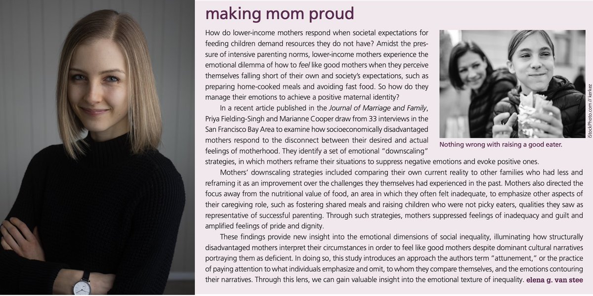 Elena van Stee, PhD Candidate, published an article titled, “Making Mom Proud” in Contexts Magazine. In this essay, Elena reviews Priya Fielding-Singh & Marianne Cooper’s research on emotion management strategies among structurally disadvantaged mothers. ➡️bit.ly/3SQ4iKZ
