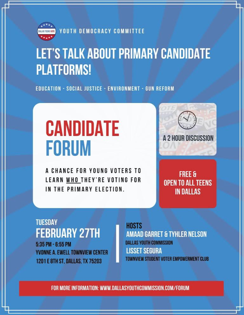 Join us next Tuesday, February 27 at Townview Magnet Center for a non-partisan Candidate Forum hosted by @yoco_Dallas and @townviewsvec! Attending this forum will allow you to engage in meaningful discussions, ask questions, and receive firsthand information from the candidat ...