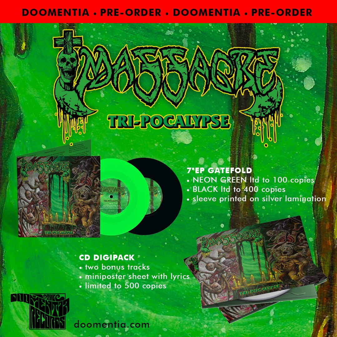 +++ PRE-ORDER +++ MASSACRE - 'Tri-pocalypse' 7' EP gatefold, CD DIGIPACK Order: doomentia.com/massacre #deathmetal #oldschooldeathmetal #massacre #vinyl #vinylrecords #vinylcommunity #newalbum #preorder