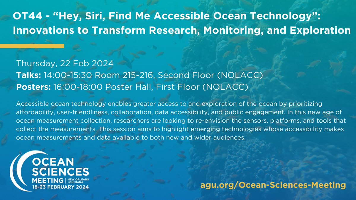 The ODL team are excited to be at #OceanSciencesMeeting in New Orleans this week. Don’t miss the workshop we're co-moderating tomorrow with <a href="/rejectedbanana/">Dr. Kim Martini (she/her) 🏳️‍🌈</a> on Accessible Ocean Technology!

📅 Thursday, 22 February 2024, 14:00-15:30, 215-216, Second Floor (NOLACC)