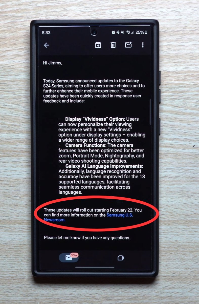 MarioSamsungBoy's tweet photo. @theonecid @tarunvats33 Based on the YouTuber Jimmy is promo.
The One UI 6.1 update on S24 series will come tomorrow(Thursday) 22/2.
Fingers crosed Samsung isn't lying again.
#s24update
#s24ultra https://t.co/3Dr0iNFLlp
