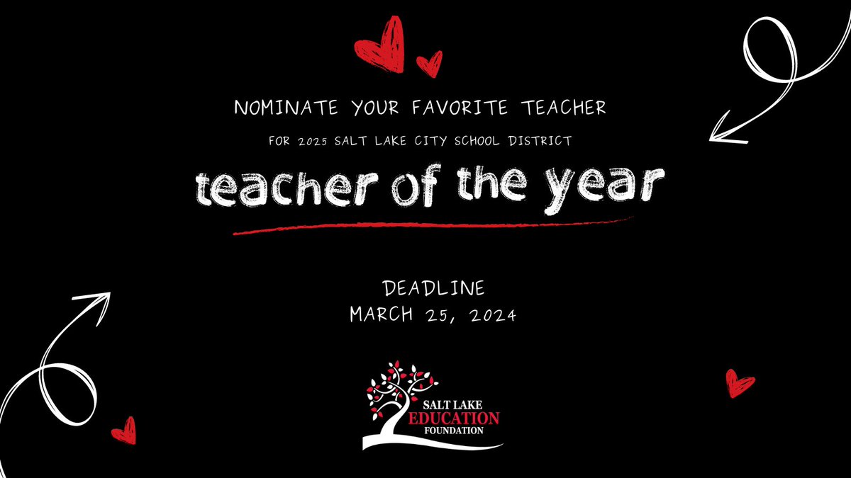 Let's recognize our excellent teachers! Nominate your favorite educator for <a href="/slcschools/">SLC School District</a> Teacher of the Year! Spread the word, and let’s celebrate the extraordinary teachers in our lives!  Use this link forms.office.com/r/C417fKDCq1 to nominate a teacher today!
 #EdFoundationSLC #uted