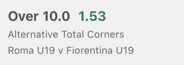 MaximusBets's tweet photo. £25-£250 CHALLENGE💰 💰 💰 

BET FOUR➡️  ROMA U19 V FIORENTINA U19 OVER 10 CORNERS

ENGLAND 🏴󠁧󠁢󠁥󠁮󠁧󠁿 

£100 RETURNS £153 https://t.co/RvnSFbI8B2