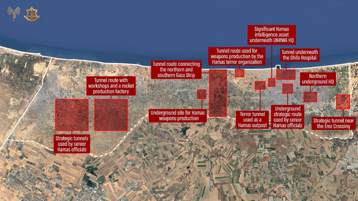 This is Gaza from above. Marked in red are just some of the areas where Hamas embedded itself and built an underground terrorist tunnel network. Almost no area is safe from Hamas. Zoom in and see for yourself:
