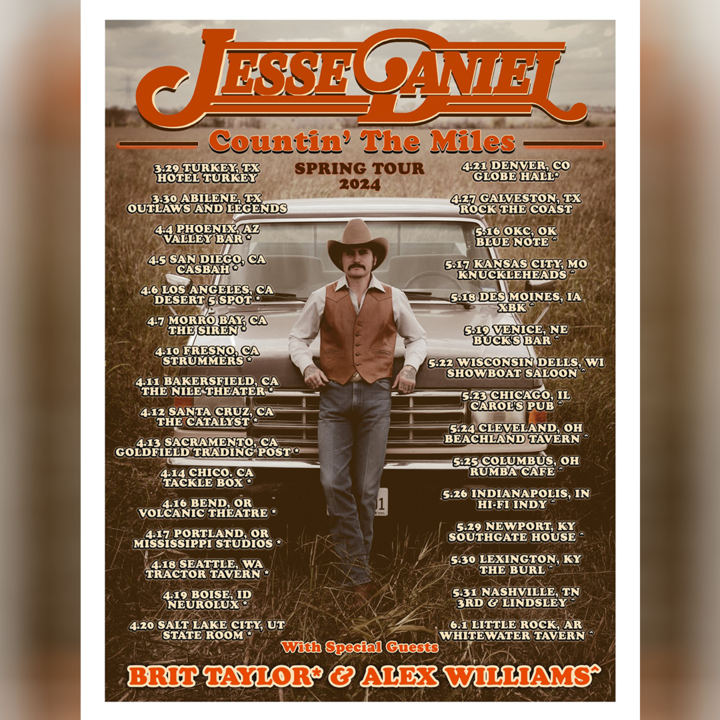 California Americana songwriter @thejessedaniel will be hitting the road and “Countin’ The Miles” with @brittaylormusic and #AlexWilliams! 🤠 More info: bit.ly/48jVUsCaliforn…’s