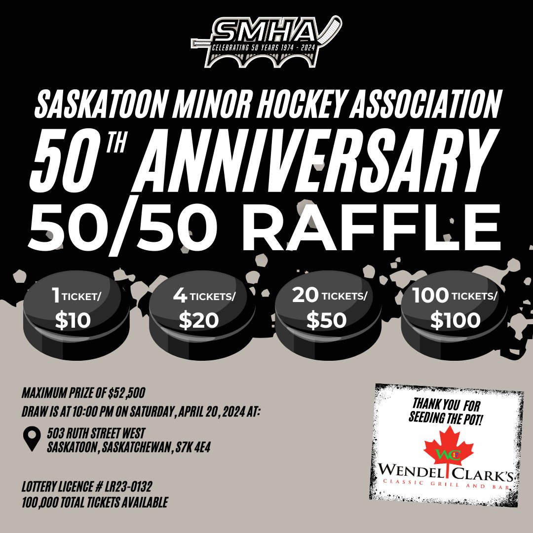 Thanks to Wendel Clark's Classic Grill and Bar for seeding the pot! Score big and support player development by grabbing your 50/50 tickets now! It's your shot at the Ultimate Face-Off and half the pot! Grab your tickets today - rafflebox.ca/raffle/smha-74…