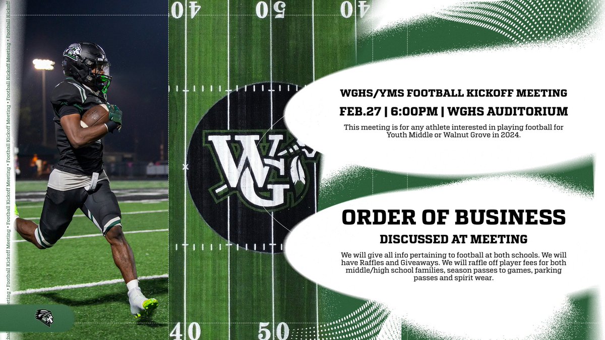 Reminder about our upcoming Kickoff Meeting on 2/27. Any athlete interested in playing football at Youth Middle (rising 7th/8th grade) or at Walnut Grove HS (rising 9th-12th grade) and parents are encouraged to attend.