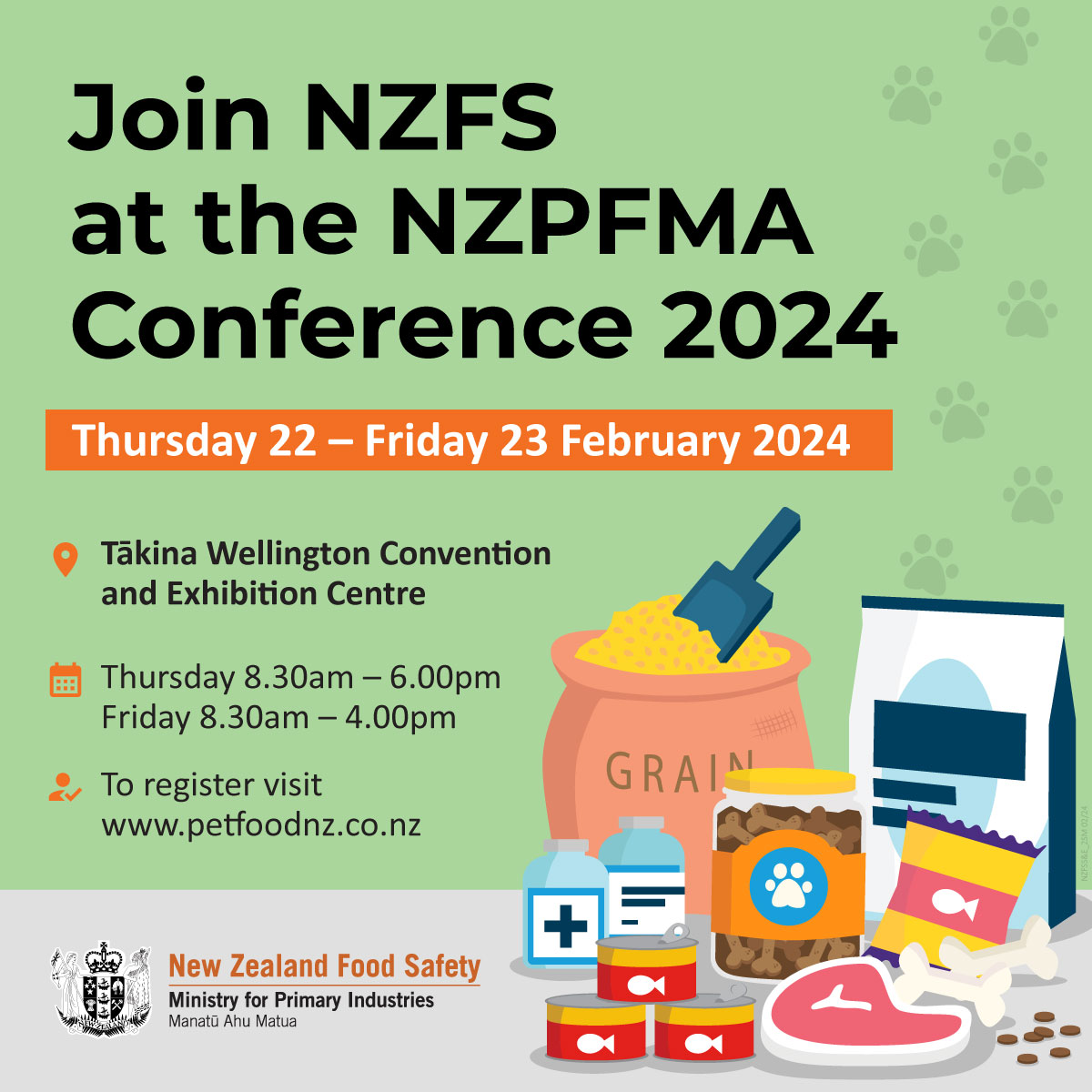 New Zealand Food Safety is supporting the Pet Food Manufacturers Association Conference 2024. Visit our stand for infomation on compliance, ACVM regulations, export regulations, labelling requirements, class determinations and market access. More info 👇 bit.ly/3T5wCdz