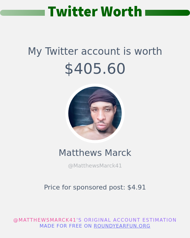 MatthewsMarck41's tweet photo. My Twitter worth is: $405.60

➡️ https://t.co/1q4D9PS1UW https://t.co/lhnujrBOSr