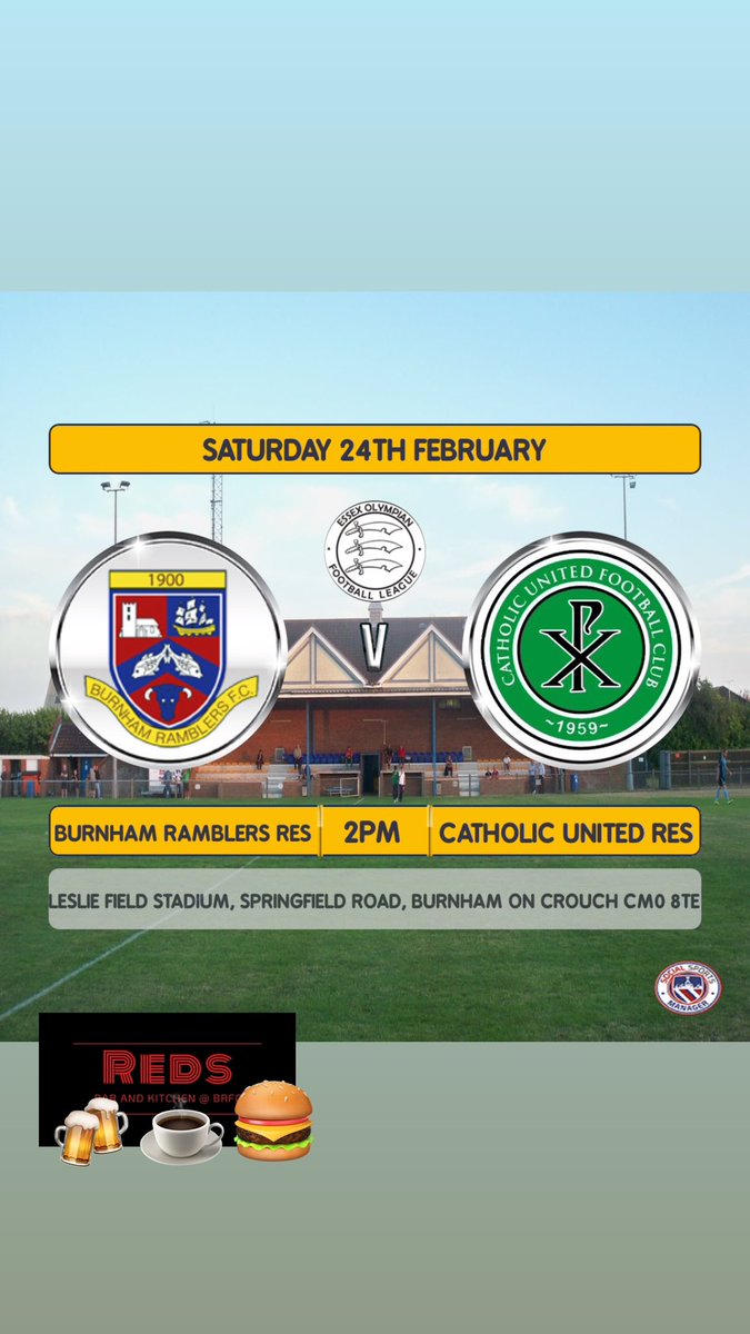 Top of the table clash this Saturday, 3rd meets 1st! Burnham Ramblers Reserves host  Catholic United Football Club  on the stafium pitch.  Come down and support the lads.  2pm Kick off ⚽️