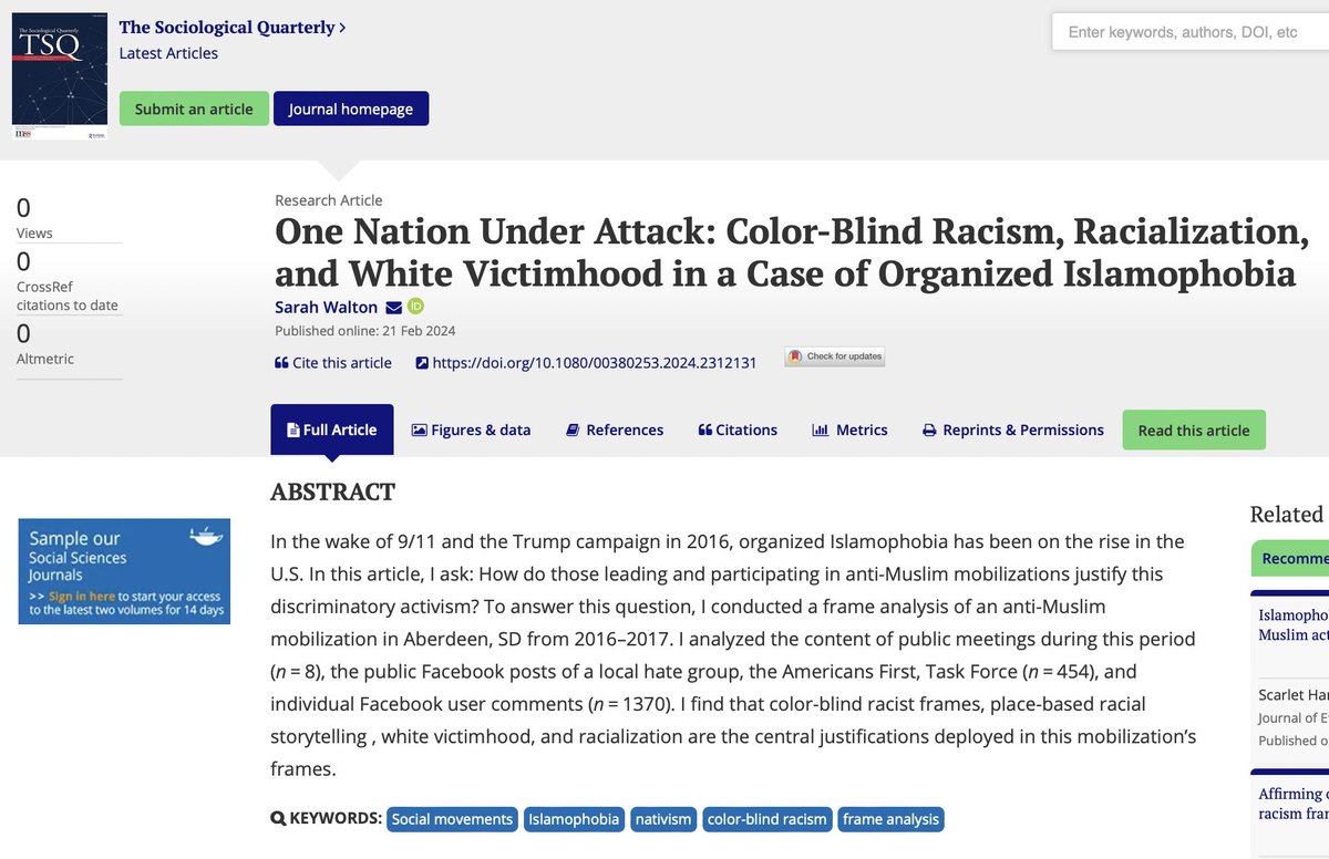 ONLINE FIRST Brand new in TSQ: Sarah Walton (@UMESociology) examines how people participating in anti-Muslim mobilizations justify their discriminatory activism. Read more at bit.ly/3T8l9Km