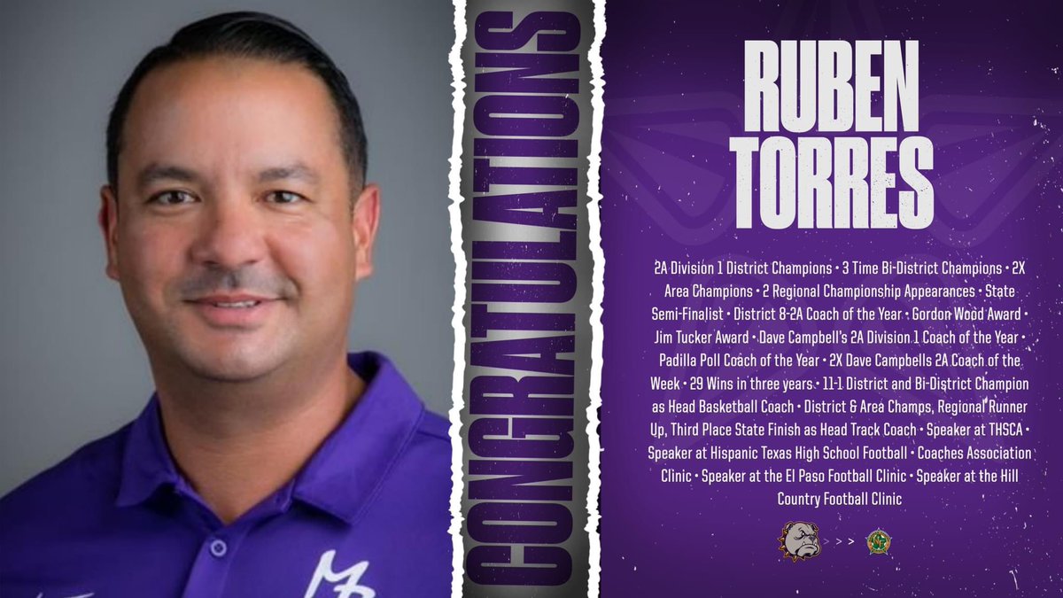 Congratulations to Head Football Coach Ruben Torres on his appointment to the Naaman Forest High School football staff. As he moves forward, we're proud of the legacy he leaves and wish him the best. Thank you, Coach Torres, for everything.