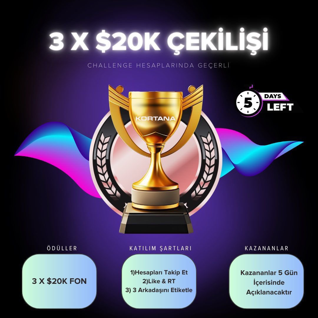 Selamlar,

✅ 3 kişiye 20000 dolarlık fon hediye edeceğiz

Şartlar;

<a href="/KortanaFx/">KortanaFX</a> ve <a href="/Kortana_tr/">Kortana Türkiye 🇹🇷</a> hesaplarını takip etmek.

Bu tweeti beğenip Rt'lemek.

2 arkadaşını etiketlemek.

Kazananları 5 gün içinde açıklayacağız. 

Çekiliş @prevegoxyz üzerinden şeffaf bir şekilde yapılacaktır