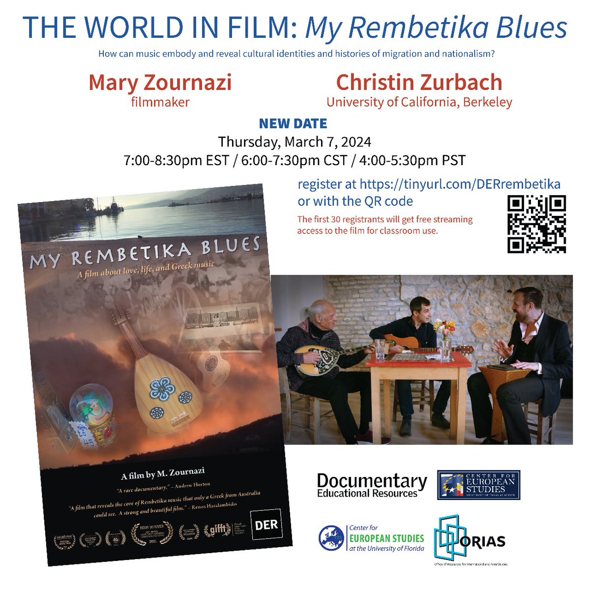 Educators, don't forget to register for My Rembetika Blues film screening & discussion with the filmmaker, Mary Zournazi. register at tinyurl.com/DERrembetika. The first 30 registrants will get free streaming access to the film for classroom use! @DocuEd @ORIASUCB @UFCES