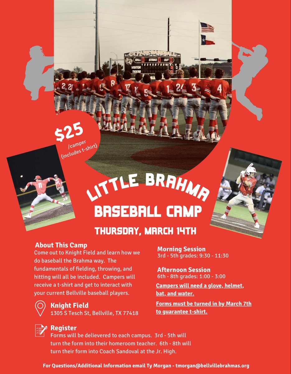 📢 Little Brahma Baseball Camp is right around the corner! Forms will be delivered to the OBP, OBI, and Jr. High campus. Looking forward to a fun day of baseball with our future Brahmas on March 14th! 🅱️🅱️⚾️