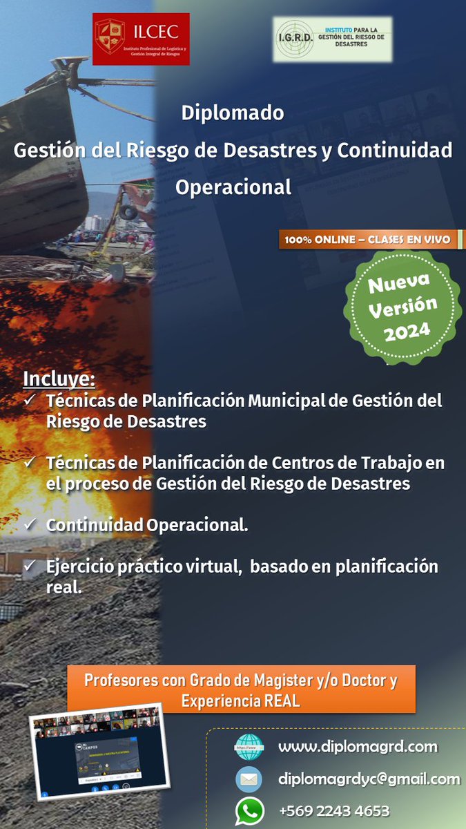 IxGRD's tweet photo. Vuelve Diplomado en Gestión del Riesgo de Desastres y Continuidad Operacional.

Tras 15 versiones previas, actualizamos contenidos con Planificación Municipal en Gestión del Riesgo de Desastres y para Centros de Trabajo.

Más info en
https://t.co/0HwLUrNaDE
whatsapp +56922434653 https://t.co/czJNB883o8