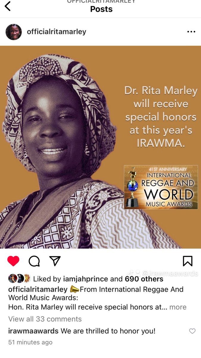 Thrilled to honor #RitaMarley at 41st IRAWMA. Join us for the awards event March 22, 2024 in Florida. Tickets on sale at IRAWMA.com #IRAWMA #reggae #honors