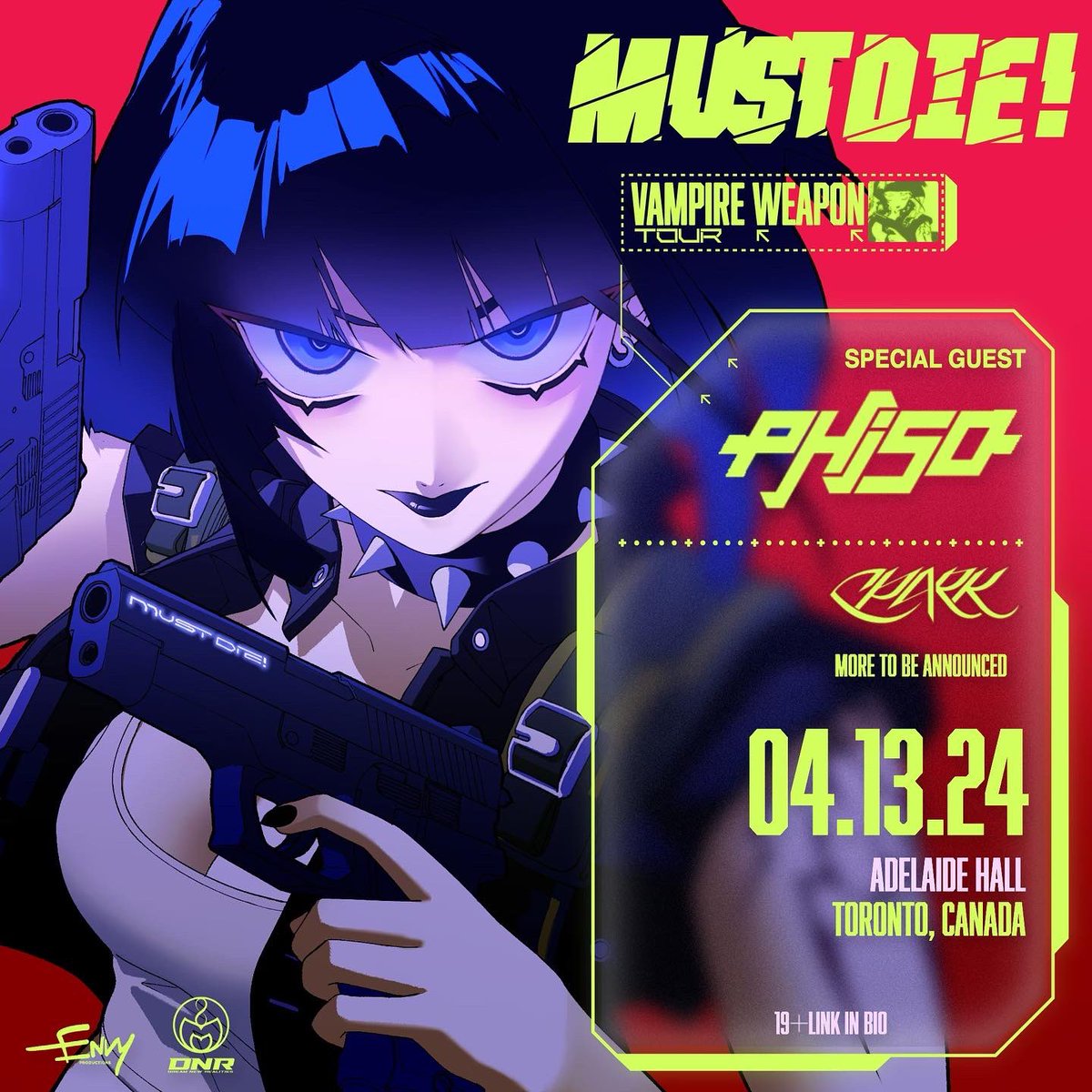 new tune AND new show announcement this week!?
honoured to be on support duties for <a href="/MUSTDIEmusic/">MUST DIE!</a>’s vampire weapons tour along w/the iconic <a href="/phisodubs/">Phiso</a>! rest of support lineup TBA, tickets on sale tomorrow at 12PM EST. can’t wait to bring this dark energy to adelaide hall again 😈