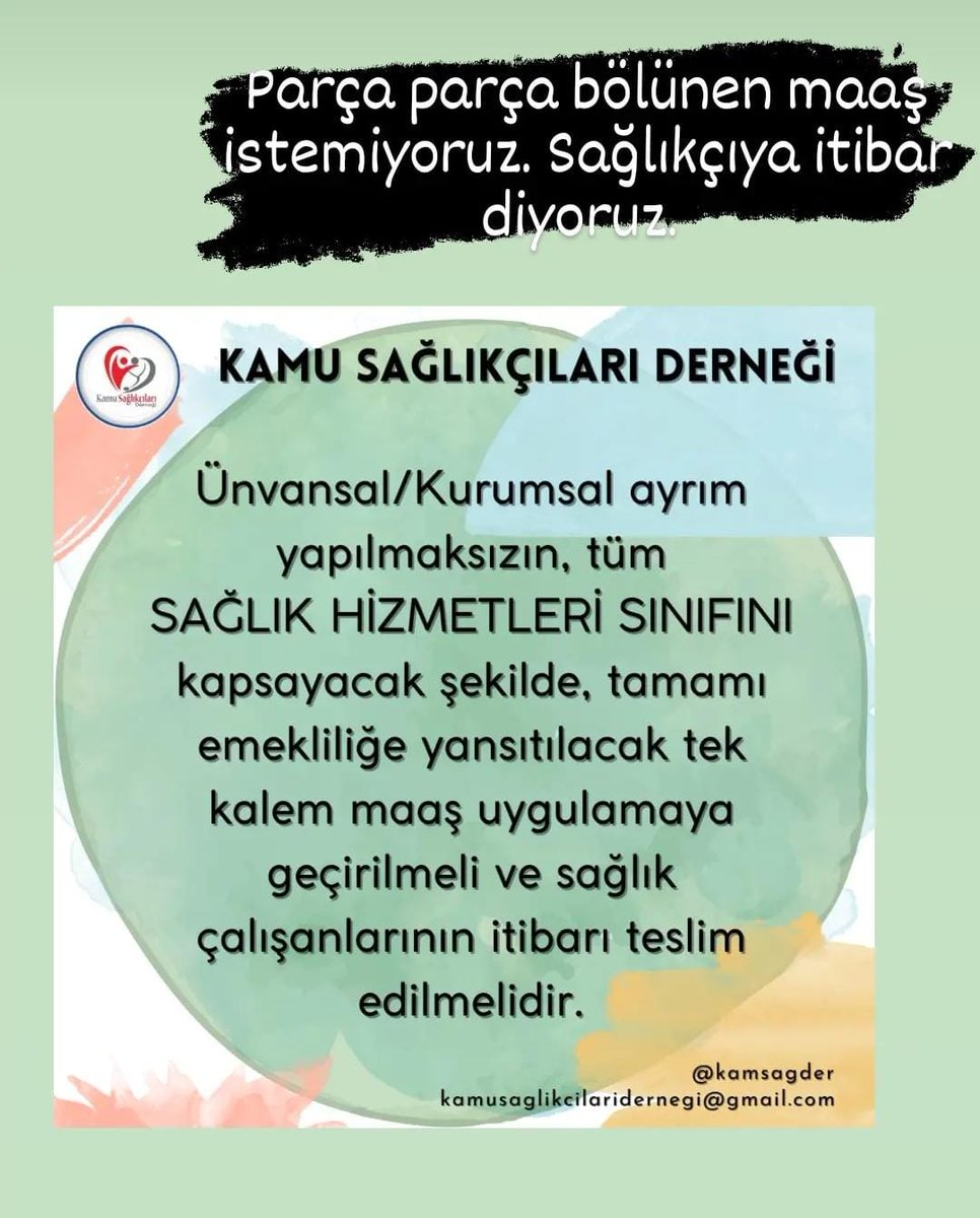 <a href="/Jourvetcom/">JOURVET</a> <a href="/kamsagder/">KAMU SAĞLIKÇILARI DERNEĞİ</a> <a href="/SaHaDernegi/">Sağlık Çalışanları Hak Ve Mücadele Derneği</a> <a href="/TPDBilgi/">Türk Psikologlar Derneği</a> <a href="/TFD1969/">T F D</a> <a href="/VetSagCalYpr/">Veteriner Sağlık Çalışanları Yıpranıyor</a> 5283 sayılı kanunla bizi kurmlarda bıraktığınızda özlük haklarınız eşit ücretlerniz eşit dendi.Şimdi ne oldu da biz görünmez olduk
#bizdesağlıkçıyız
<a href="/erolkeles23/">Erol Keleş</a>
<a href="/profdrorhanates/">Orhan Ateş</a>
<a href="/drummugulsen/">Ümmü Gülşen Öztürk</a>
<a href="/drpelinyilik/">Doç.Dr. Pelin Yılık</a>
<a href="/eczserkansari/">Serkan Sarı 🇹🇷</a>
<a href="/Korkutata_Zeki/">Zeki Korkutata</a>
<a href="/huseyin_olan/">Hüseyin Olan</a>
<a href="/KAYIHANPALA/">KAYIHAN PALA</a>
<a href="/kamsagder/">KAMU SAĞLIKÇILARI DERNEĞİ</a>