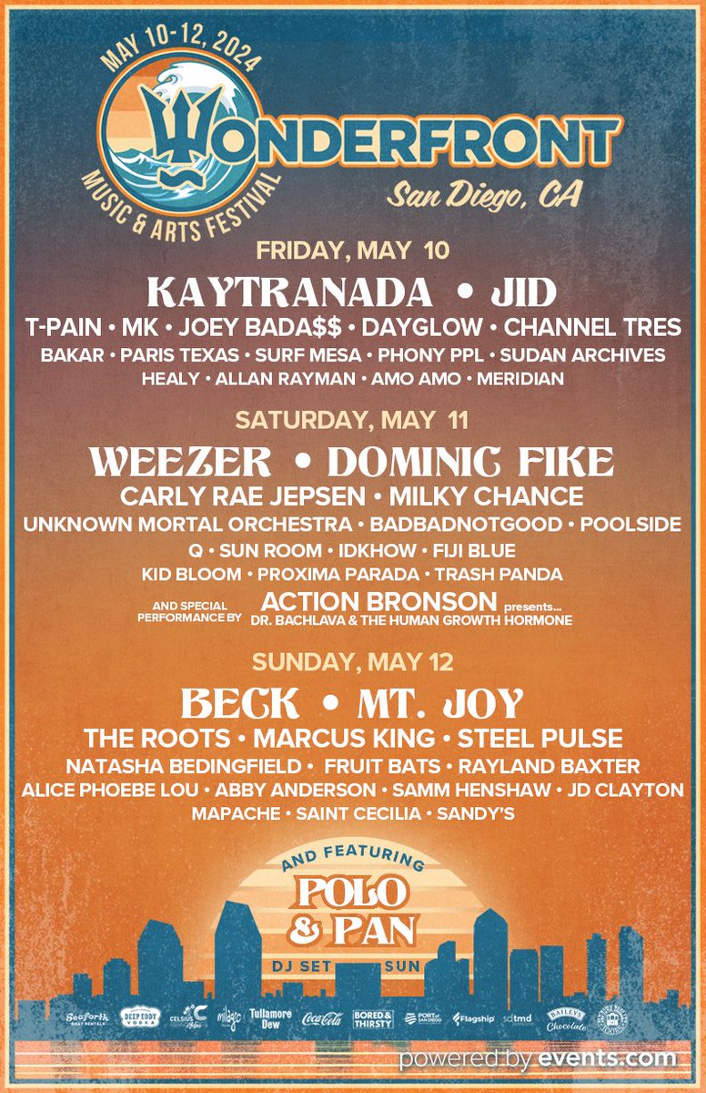 The San Diego-based @WonderfrontFest has announced their lineup that goes along with a move from its previous iterations in November to May. @KAYTRANADA @Weezer @beck and @MtJoyBand are among this year's headliners: passtheaux.co/wonderfront-20…