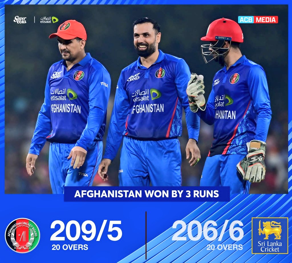 Afghanistan beat Sri lanka in t20 match by 3 runs 
#AfgvsSL