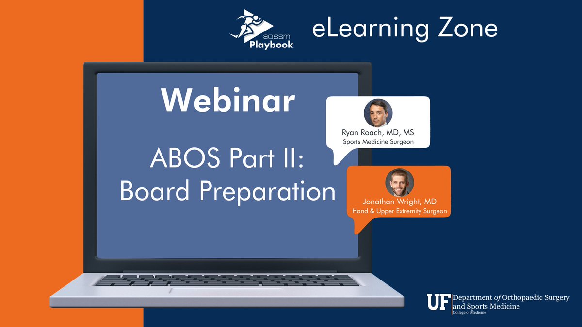 Dr. Ryan Roach and Dr. Jonathan Wright from #UFOrtho were selected by the AOSSM to present on “ABOS Part II: Board Preparation.” This live webinar will focus on helping sports medicine orthopaedic surgeons prepare for the ABOS exam Part II Oral Exam. go.ufl.edu/1rs72a9