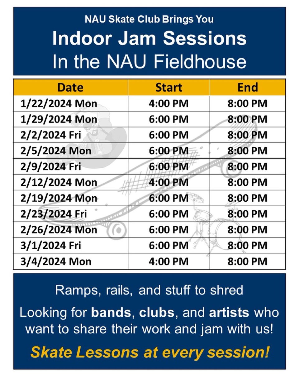 Join KJacks this Friday 2/23 for the Skate Jam 6pm to 8pm in the NAU Field house! Live music from @ randys_music_ on instagram