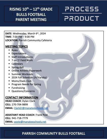 🚨Parent Meeting 🚨 We will hold a parent meeting on March 6, 2024 at 7pm in the school cafeteria for parents of rising 10th-12th grade students interested in playing football.