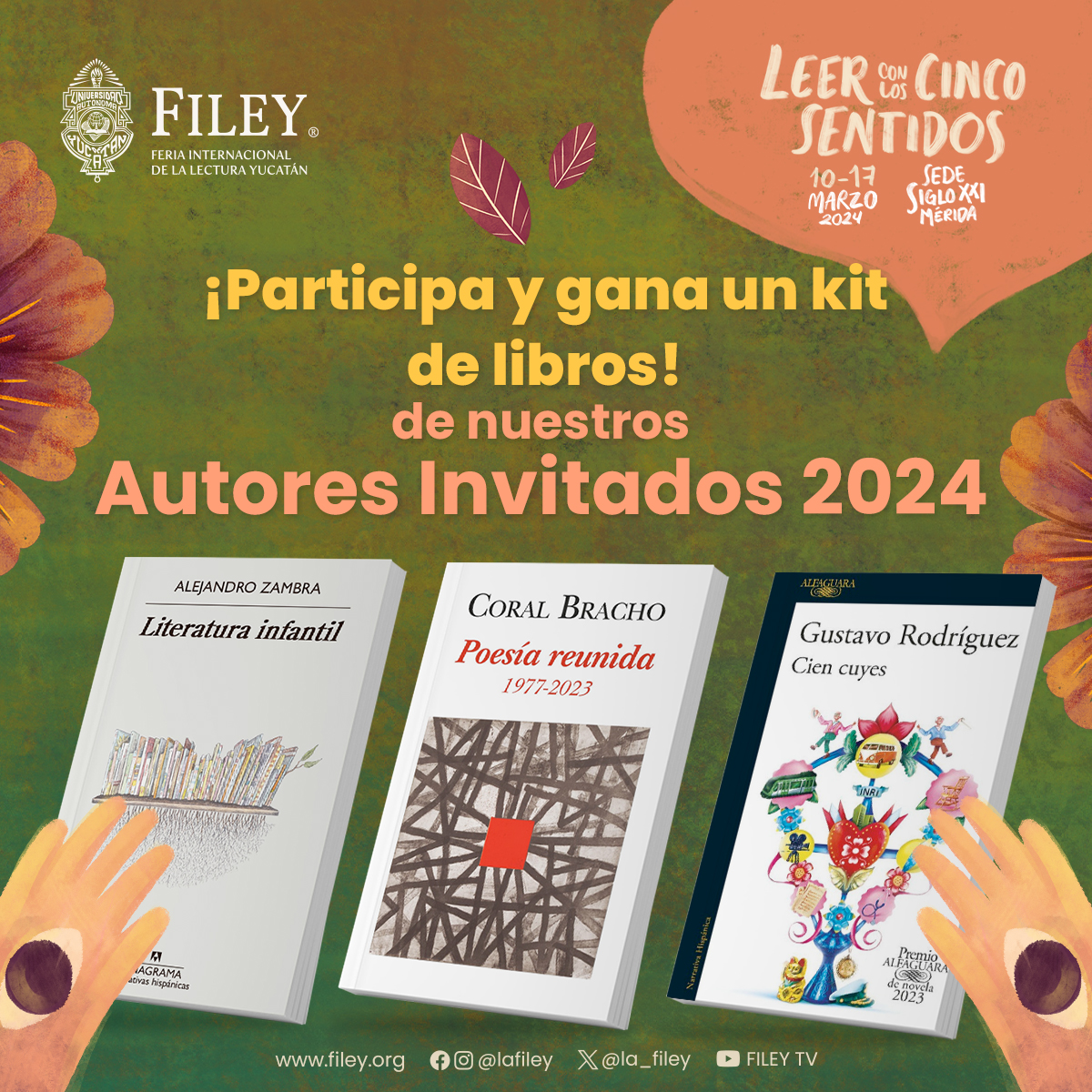 la_filey's tweet photo. ¡Participa en nuestro sorteo de un kit de libros con obras de nuestros invitados a la #FILEY2024 #AlejandroZambra, @CoralBracho_ y @GustavoEscribe! 🎁✨ Visita nuestra página de Facebook para conocer cómo participar: https://t.co/LpHZwSzByi #SomosUADY #SorteoFILEY https://t.co/7LttkcLf2B