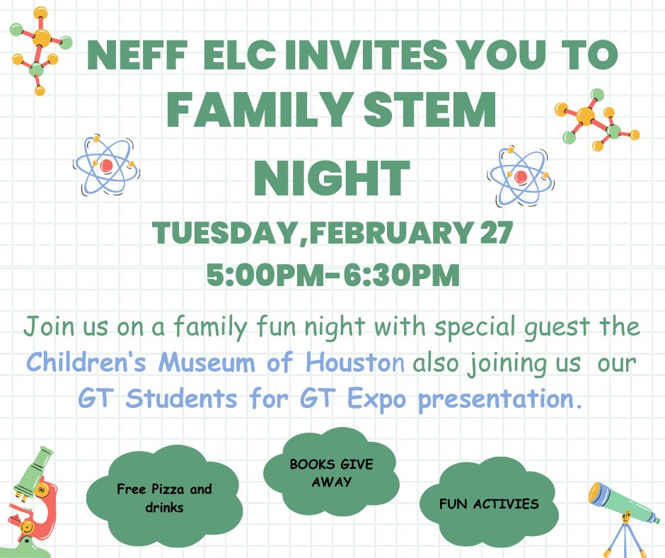 Neff Early Learning Center (@neffecc) on Twitter photo Neff ELC Families join us on February 27th from 5:00 -6:30 pm for a fun and engaging STEM 🧪night. <a href="/HISD_West/">🚨 This page is no longer active! 🚨</a> @DrLauraStoutPMP @TeamHISD @HISDECH Neff ELC Families join us on February 27th from 5:00 -6:30 pm for a fun and engaging STEM 🧪night. <a href="/HISD_West/">🚨 This page is no longer active! 🚨</a> @DrLauraStoutPMP @TeamHISD @HISDECH